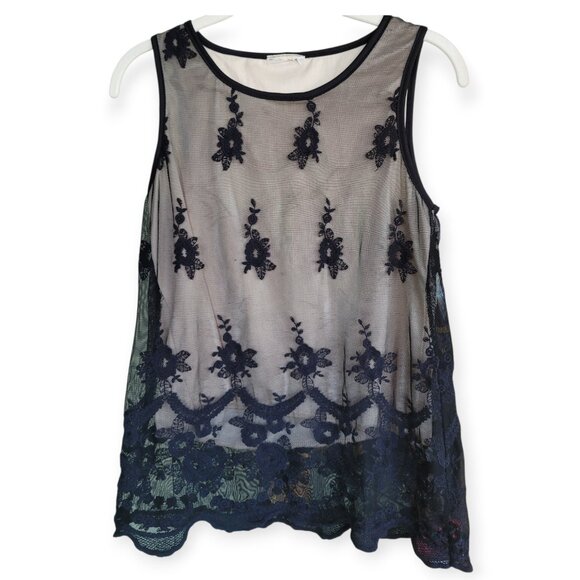 Vintage Y2K Black Lace Dual Layer Tank Top Nude Underlay Fairy Grunge Size S - Picture 2 of 10